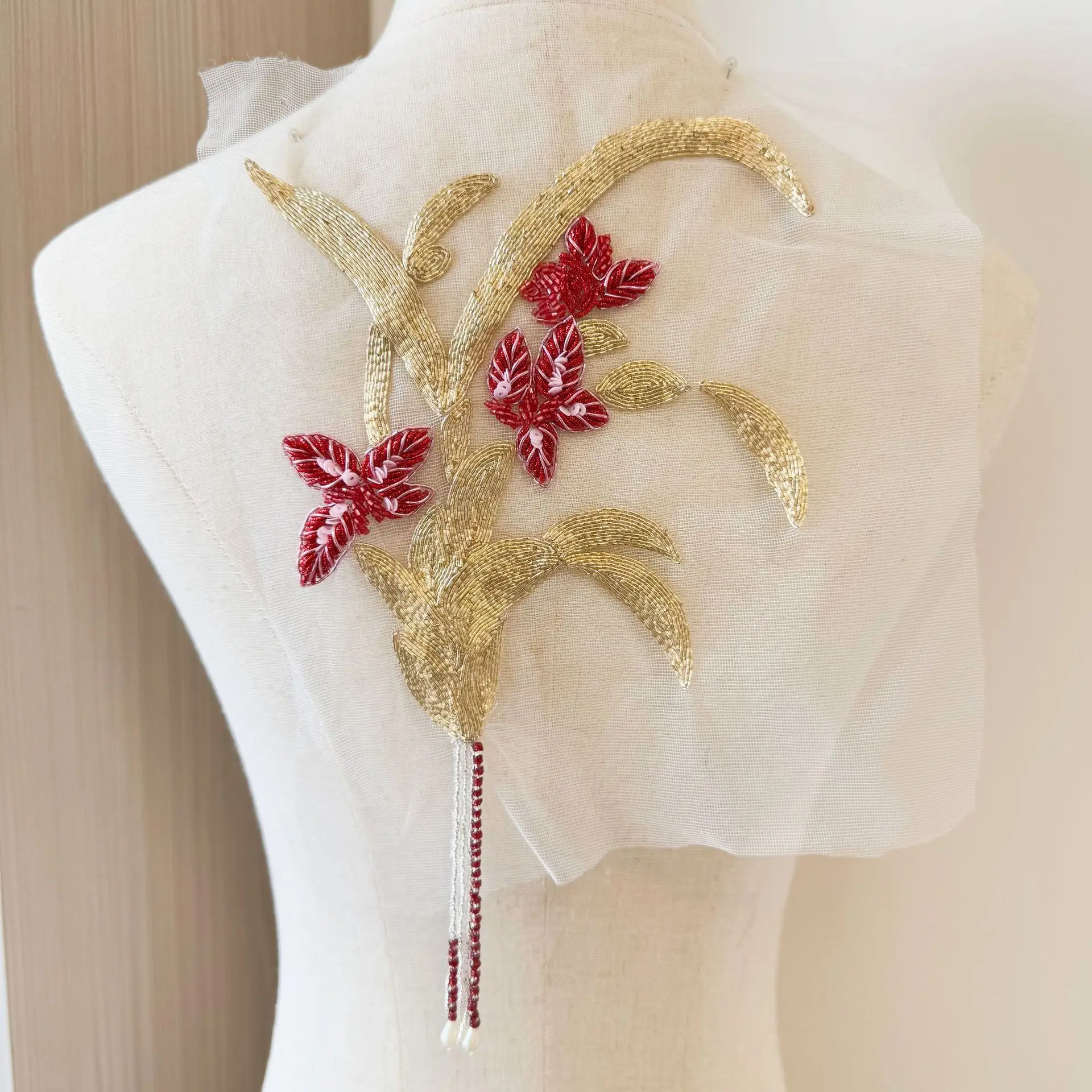 Golden Indian Silk Orchid Three-dimensional Nail Bead Exquisite Niche Fabric Sticker Clothing Accessories Hand Sewn Style