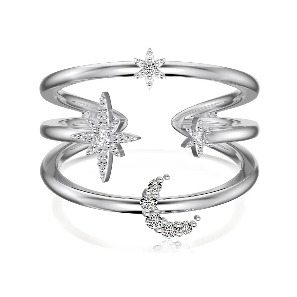 

STL Light Luxury New S925 Pure Silver Open Ring Female Star Moon Zircon Inlaid Hollow Layered Wearing Feeling