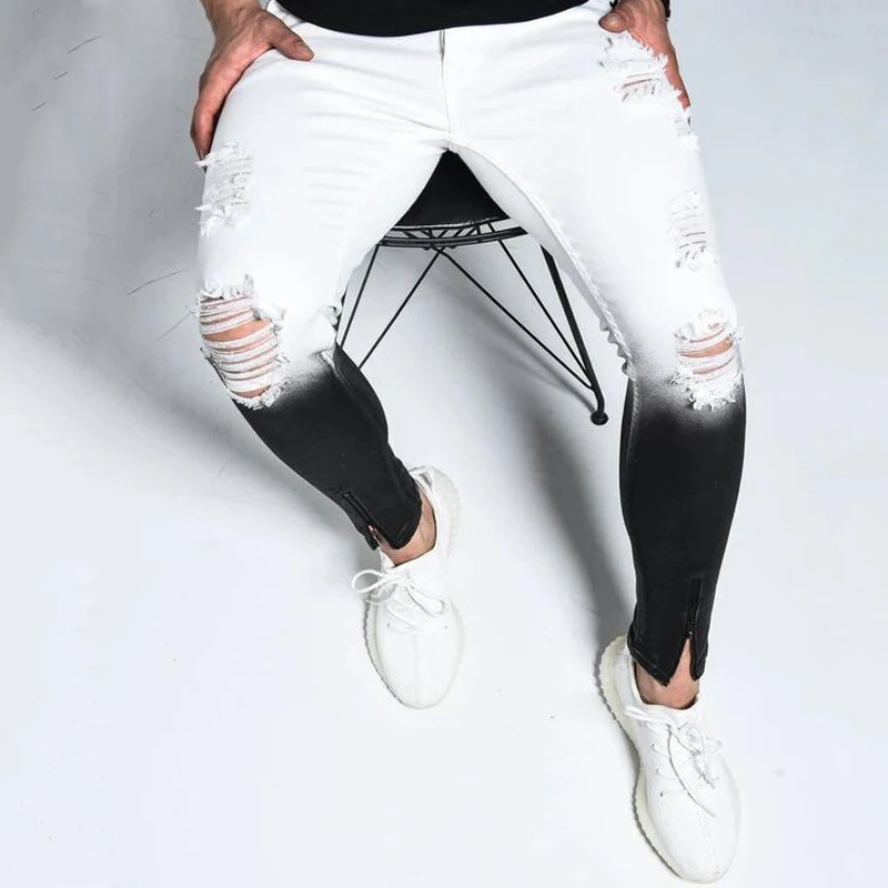 

Jeans Men Ripped Skinny Zipper Jeans Black Patchwork Biker Pencil Pants Street Man Slim Fit Denim Pants Hip Hop Draped Trousers