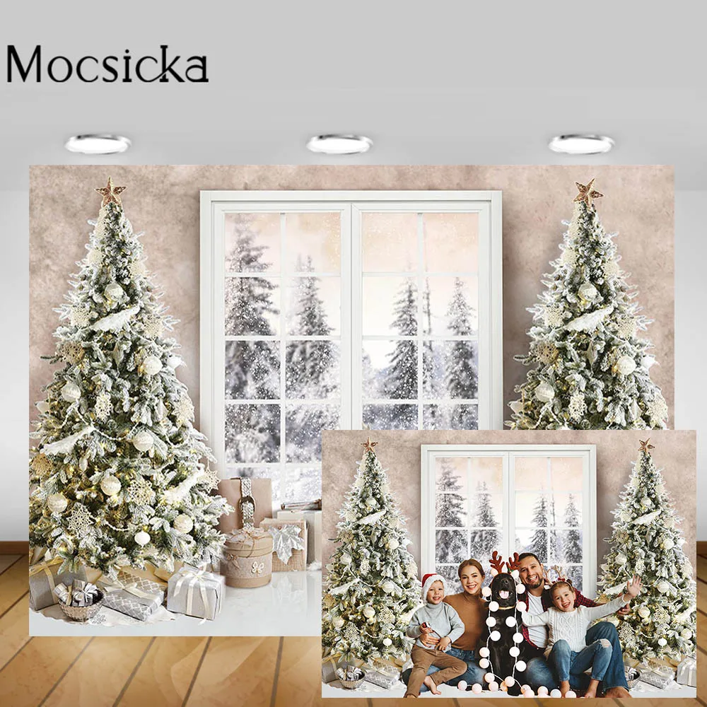 

Mocsicka Christmas Backdrop for Photography Xmas Tree Window Forest Family Portrait Photo Background Studio Photoshoot Backdrops