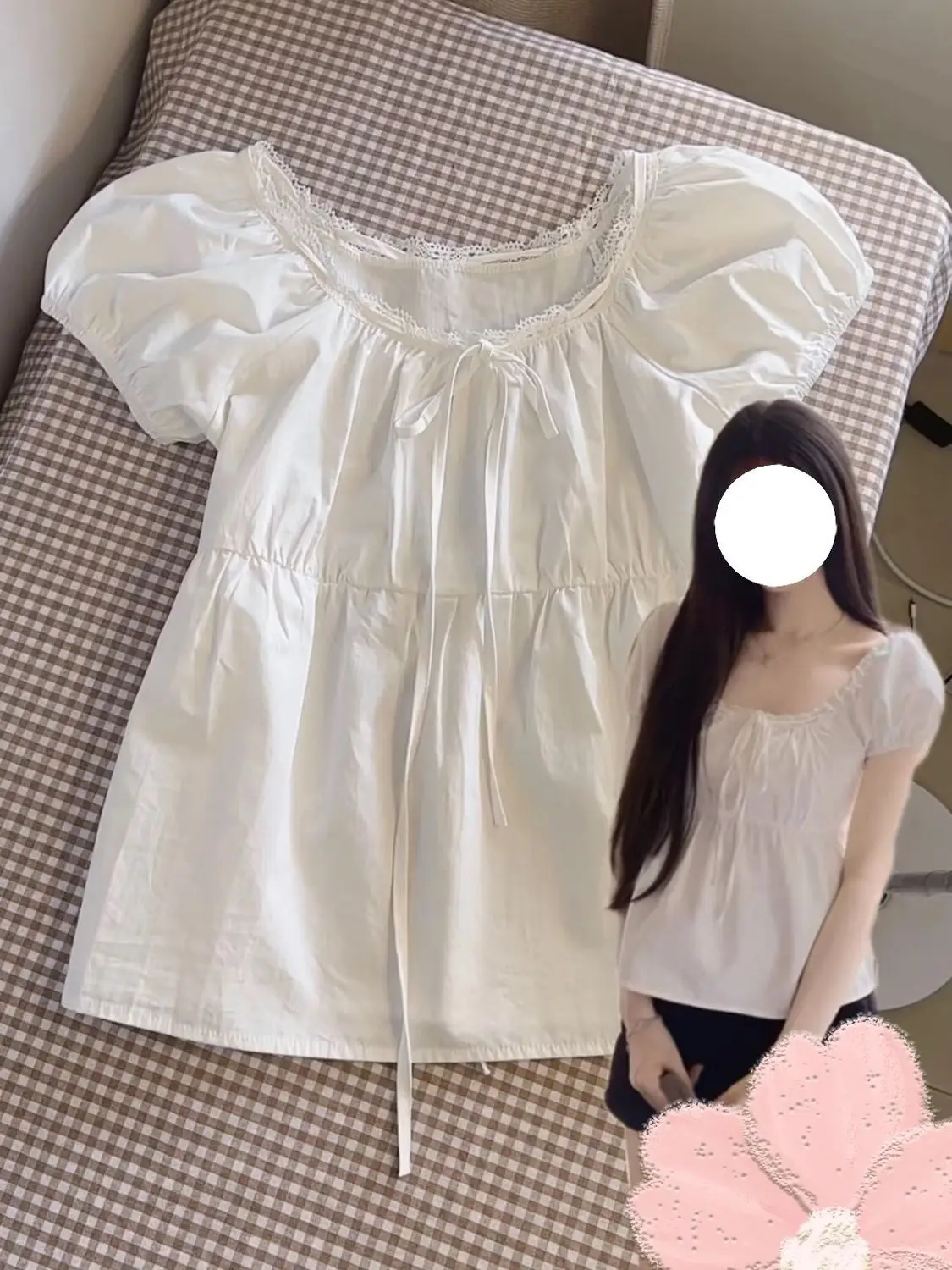 القطن الدانتيل حافة العلوي الربط الدانتيل التعادل الداخلية تيز قصيرة الأكمام الصيف المرأة نفخة الأكمام قرصة الخصر تجعلك تبدو سليم الأعلى