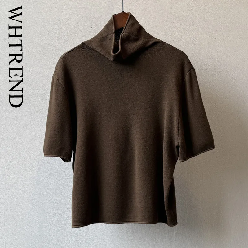 

WHTREND вязаная футболка с короткими рукавами и высоким воротом для женщин, осенний свободный простой универсальный удобный топ WH2017