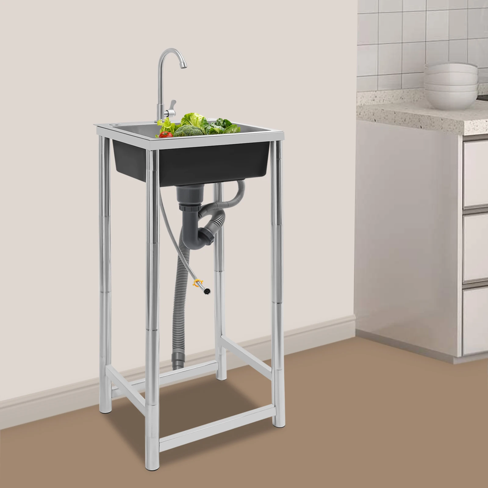 حوض تجاري من الفولاذ المقاوم للصدأ قائم بذاته مع صنبور حوض واحد للمطبخ وغرفة الغسيل والمطعم