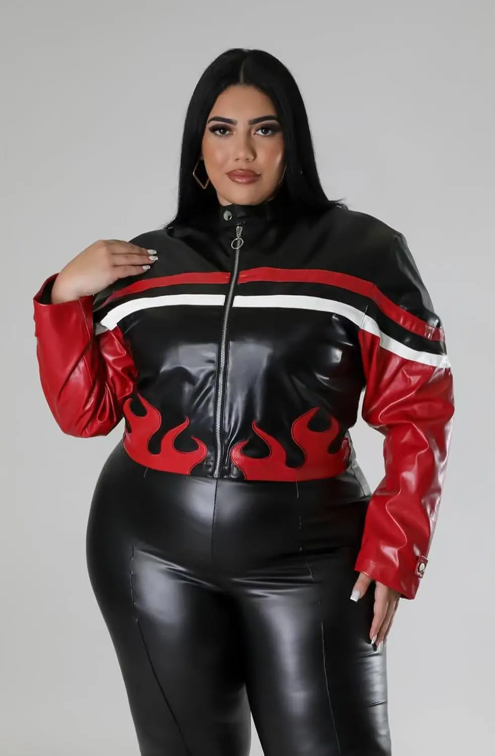 Women Jacket Fall Winter  Fashion Flame Embroidery Long Sleeve Patchwork Pu Leather Jacket Streetwear Casual Biker Jacket Coats