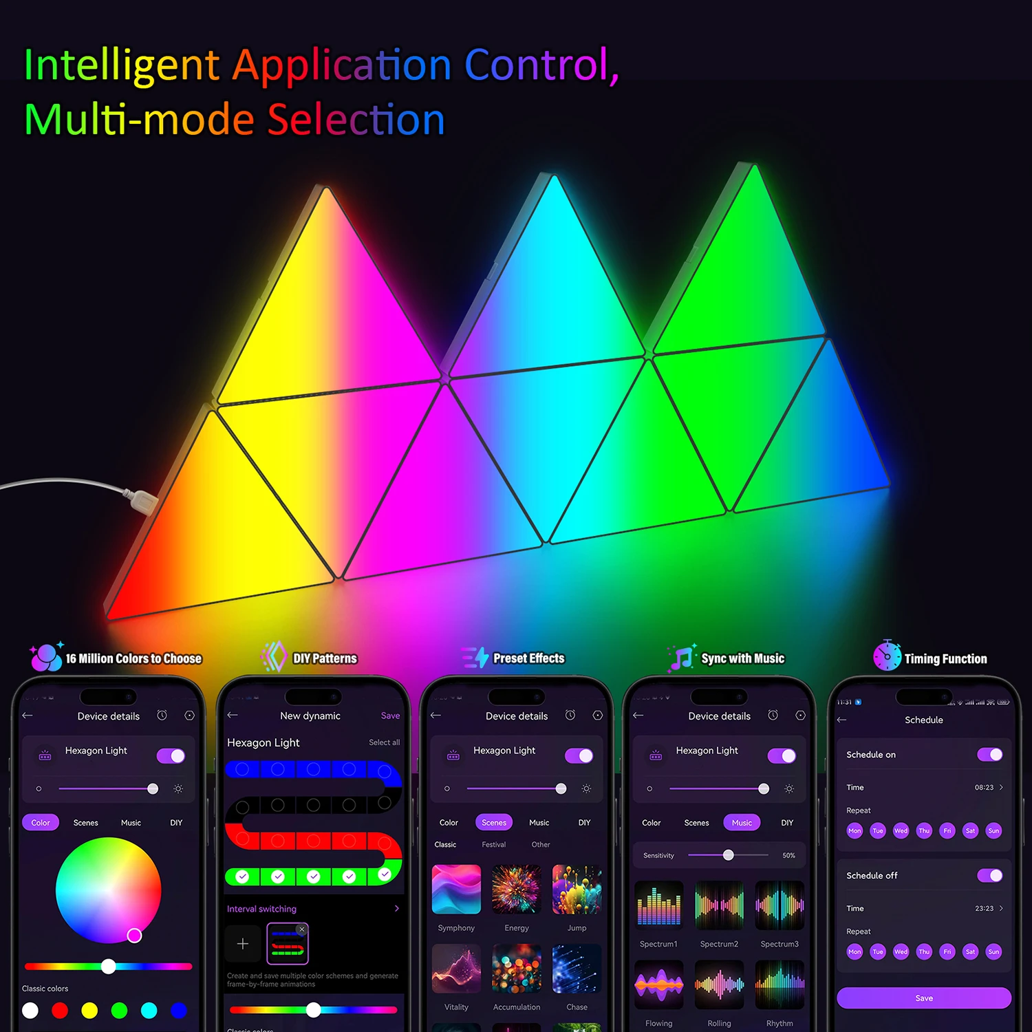 Big LED Smart Triangule Lamp RGB Wall Lights APP Music Rhythm Background Light Game Room Bedroom Bedside Night Light Decoration