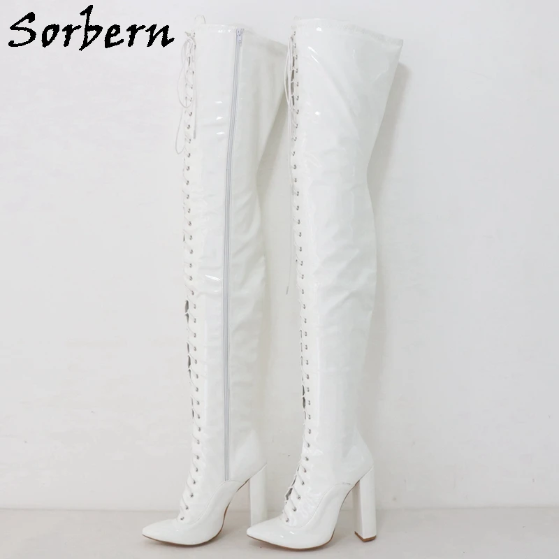 

Sorbern 75Cm White Patent Crotch Thigh Women Boots Streched Fetish Super Long Boot Block Chunky High Heels Unisex Custom