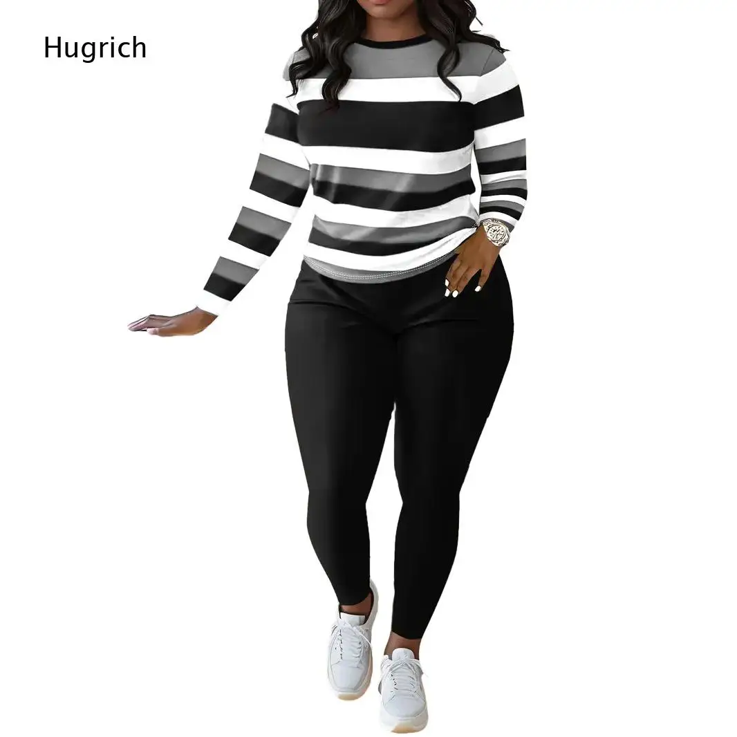 Curvy Women Daily Two Piece Set Color Gradient Stripe Long Sleeve Top Solid Black Slim Fit Ankle Length Pants Matching Suit