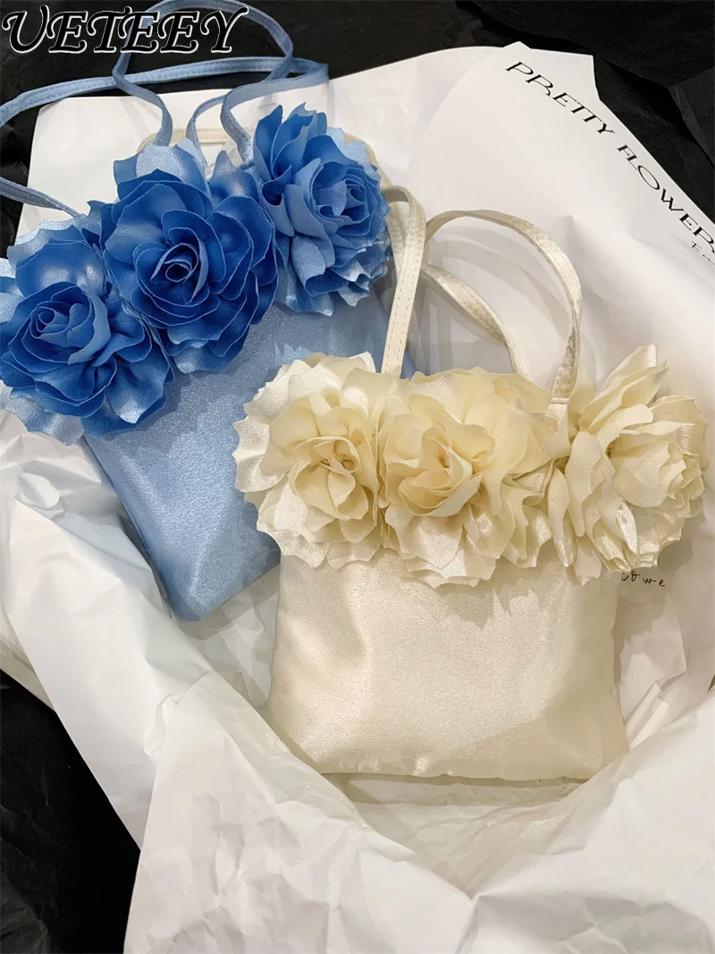 

South Korea Niche Design Sweet Rose Flower Silk Satin Cloth Bag Women 2024 Summer New Hand Shoulder Crossbody Small Square Bag