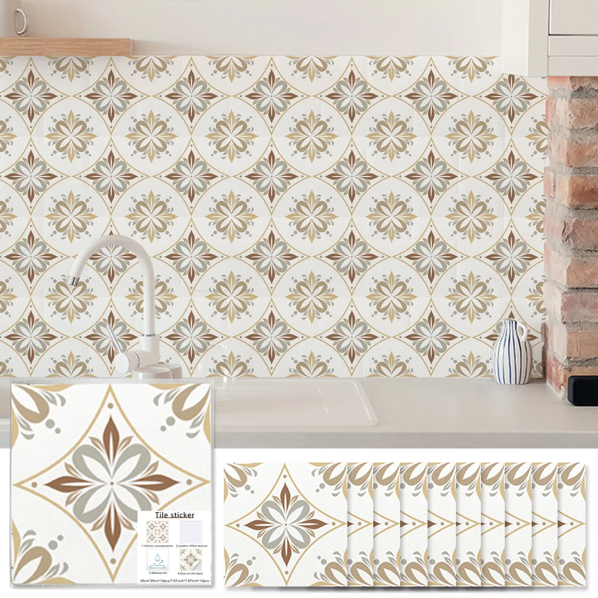 Simple Brick Wall French Floral Tile Stickers for Kitchen Bathroom Balcony Waterproof and Oil Proof Self-adhesive 10pcs/set PVC