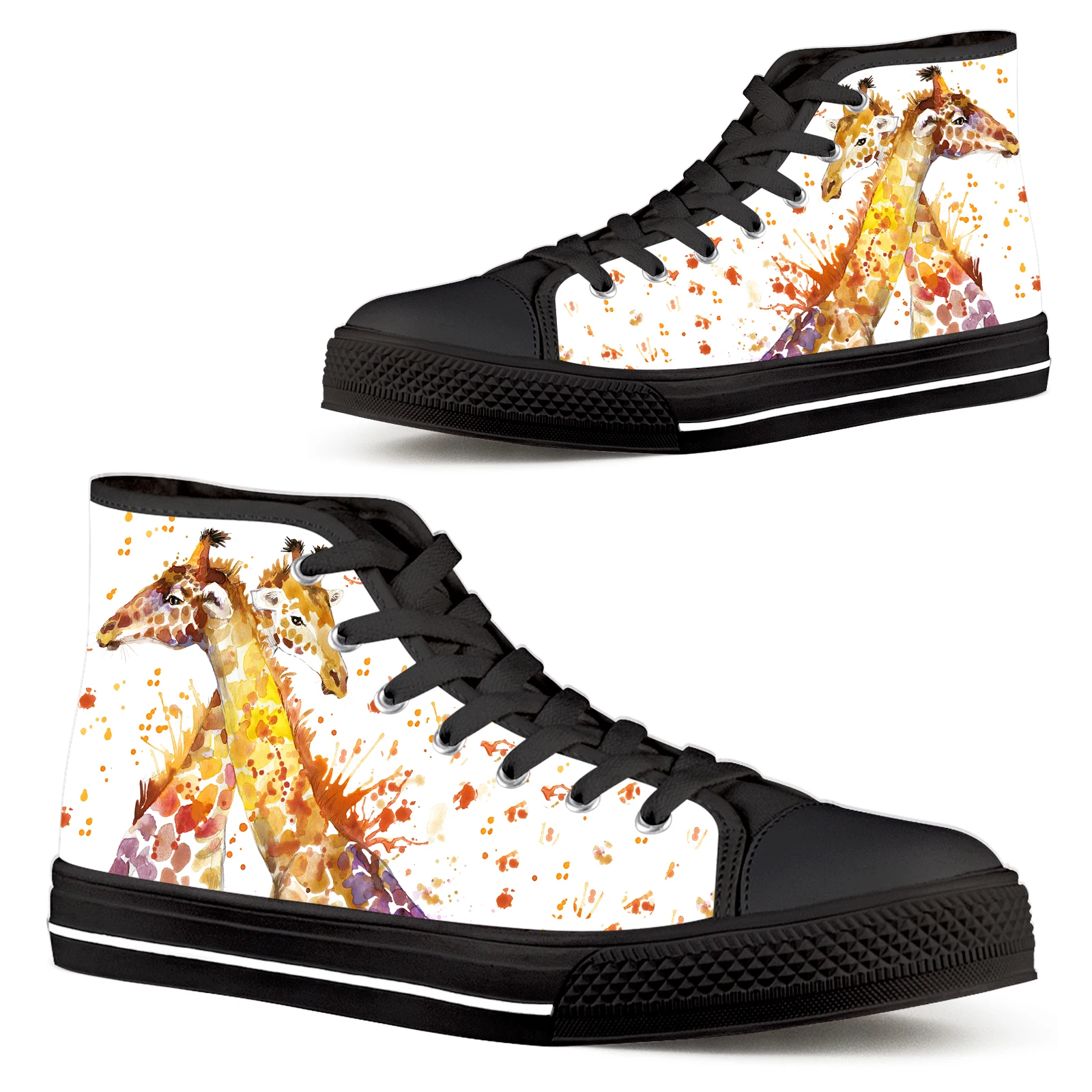 ELVISWORDS 3D Cartoon Giraffe Women's Shoes Watercolor Art Printing Giraffe Painting Canvas Shoes High-top Lace-up Flat Shoes