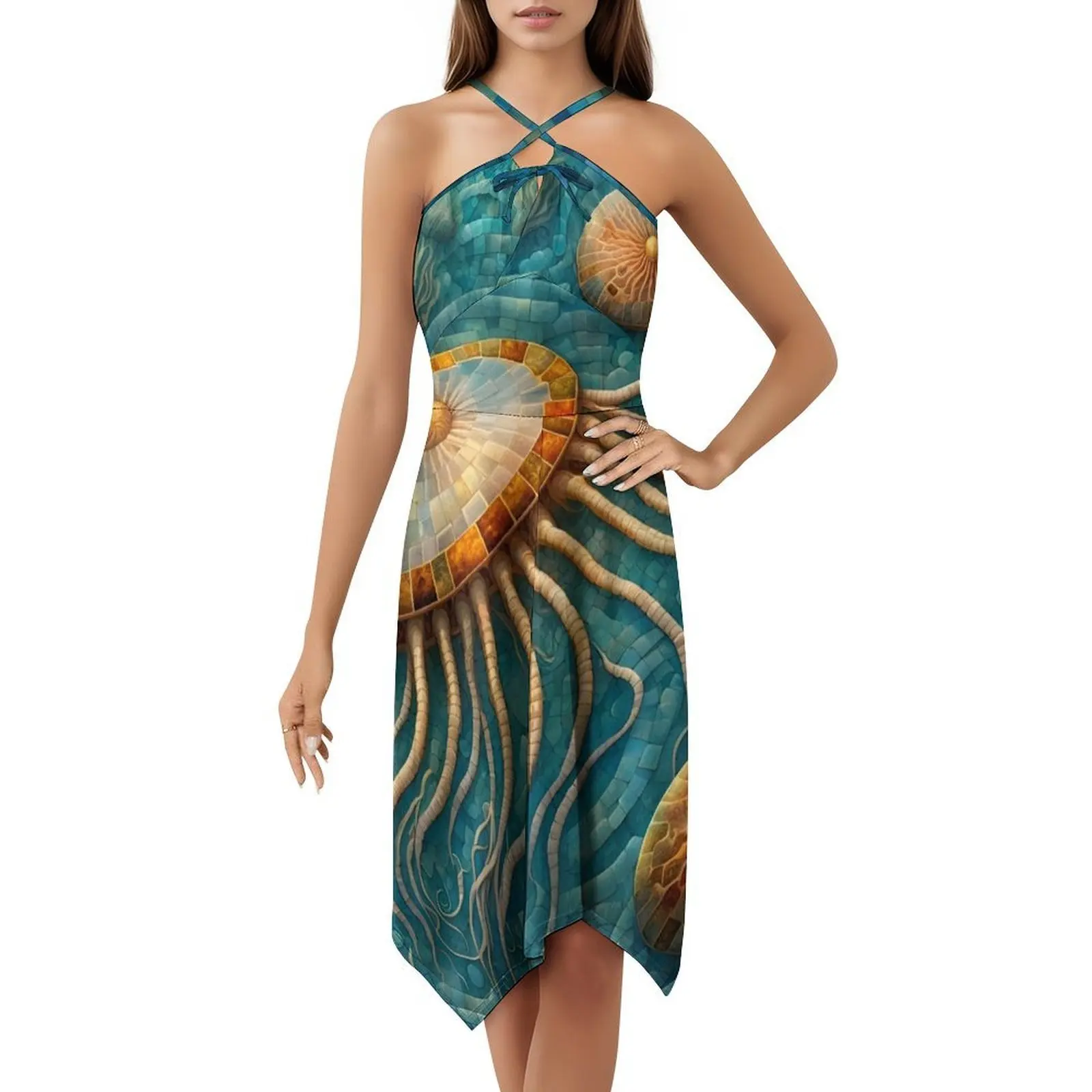 فستان قنديل البحر فسيفساء بوهيمي بدون أكمام للنساء مطبوع فساتين حفلات الشاطئ قنديل البحر فسيفساء تحت الماء المحيط الأزرق الإناث #5