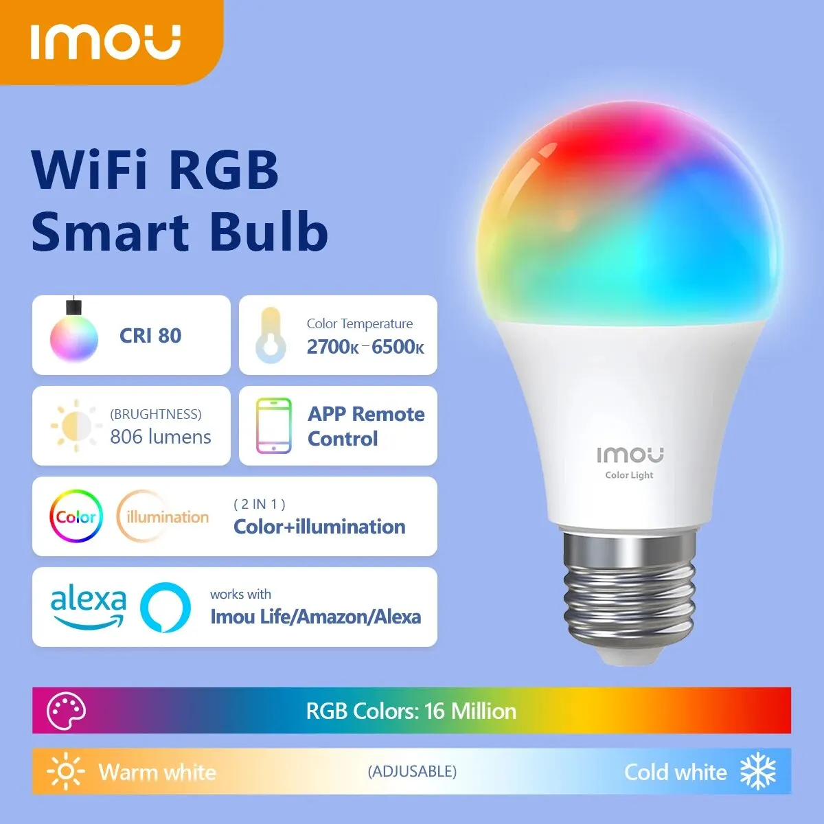 IMOU Wi-Fi RGB Bulb Smart Control Lamp Base Dimmable Light Led Lamp Bombilla Colorful Changing Bulb Led 220-240V/110V 9W