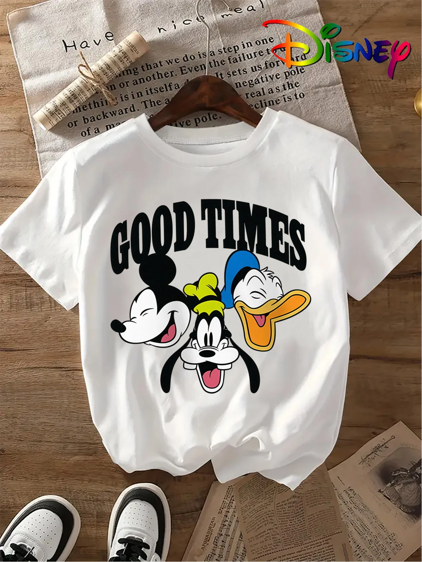 

2025 Disney Pattern Printed Women's Casual Comfortable Unique Smiling Face Black Round Neck Short Sleeve T-shirt