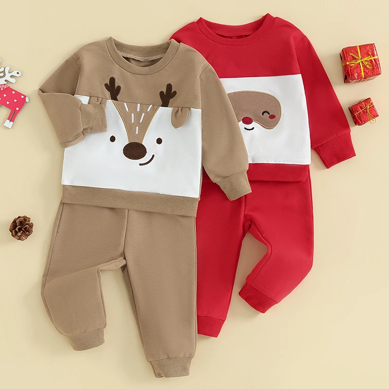 

2023-08-22 Lioraitiin 0-3Y Kid Boys Christmas Clothing Sets Long Sleeve Elk Print Sweatshirt and Solid Color Pants Sets