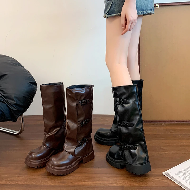 Retro Versatile Long-thigh Boots Belt Buckle Trouser Boots for Women 2025 Summer New Platform Slimming Boots