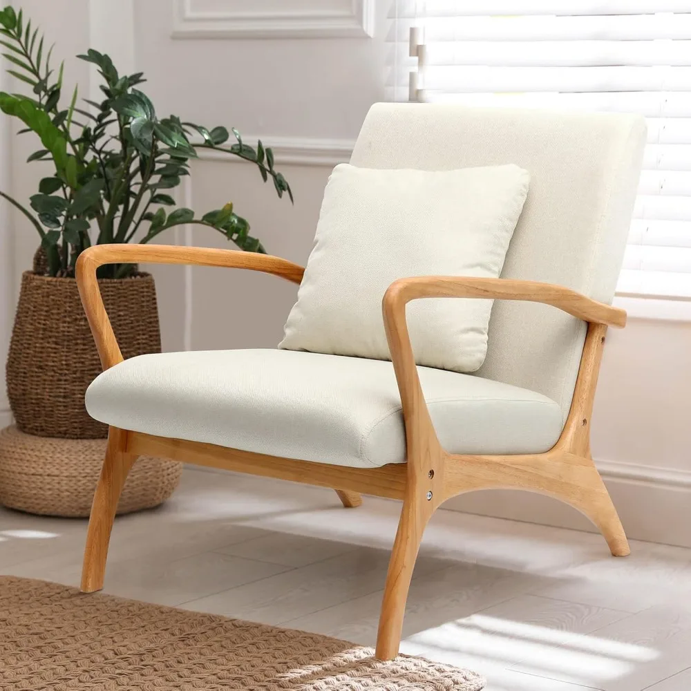 

Accent Chair with Lumbar Pillow,Mid-Century Modern Armchair, Linen Fabric Comfy Reading,Side Chair for Living Room Bedroom