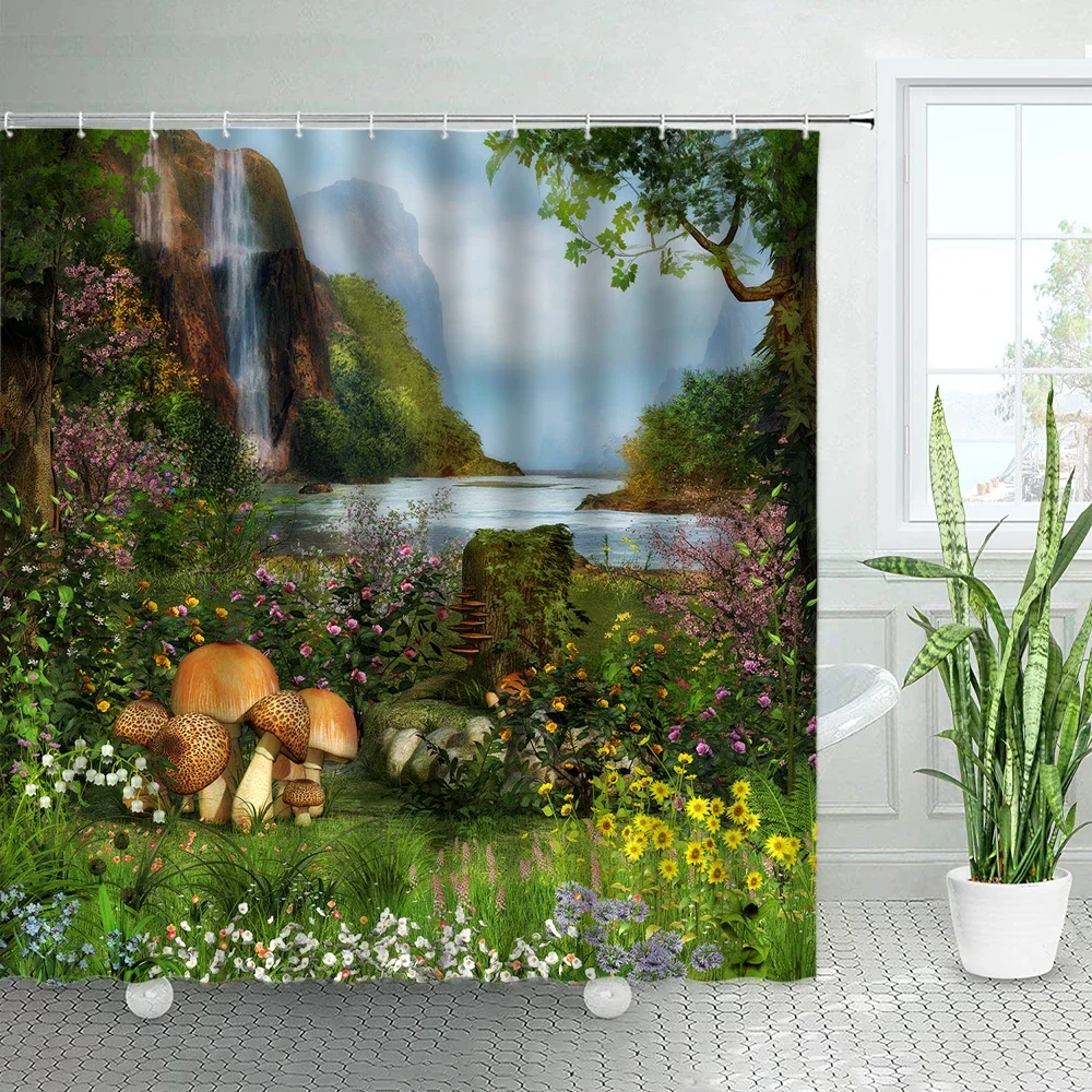 Waterfall Bathroom Curtains Spring Forest Park Shower Curtain Green Bamboo Nature Landscape Waterproof Fabric Home Bathtub Decor