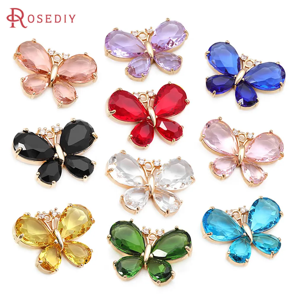 

4PCS 18K Gold Color Brass and Zircon and Glass Butterfly Charms Pendants Necklace Earrings High Quality Jewelry Diy Accessories
