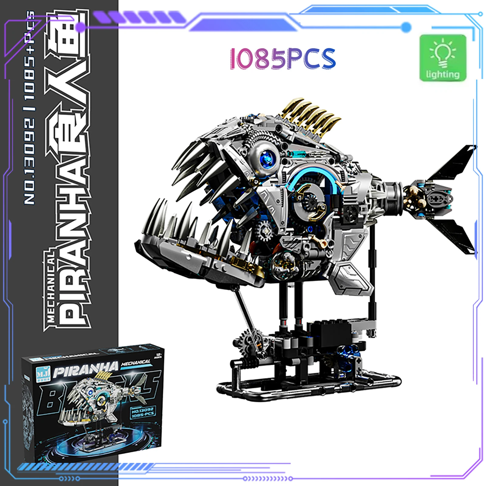 

1085PCS STEM Creative Mechanical Piranha Building Blocks Brick Simulation Sea Animal with Light Fish Model Assembly Toy Kid Gift