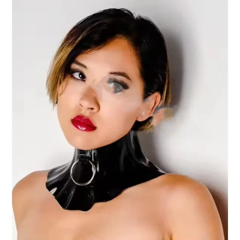 

Handmade Black Neck Corset Slave Collar Front O Ring with Back Button Latex Rubber Fetish