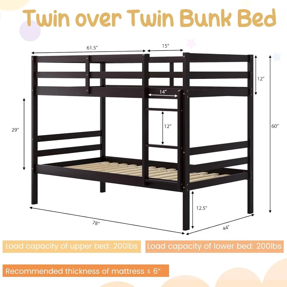 Bunk Bed Twin Over Twin, Solid Wood Bunk Bed with Sturdy Ladder & 12 Inch Safety Guard Rails, Twin Size Wood Bed Frame