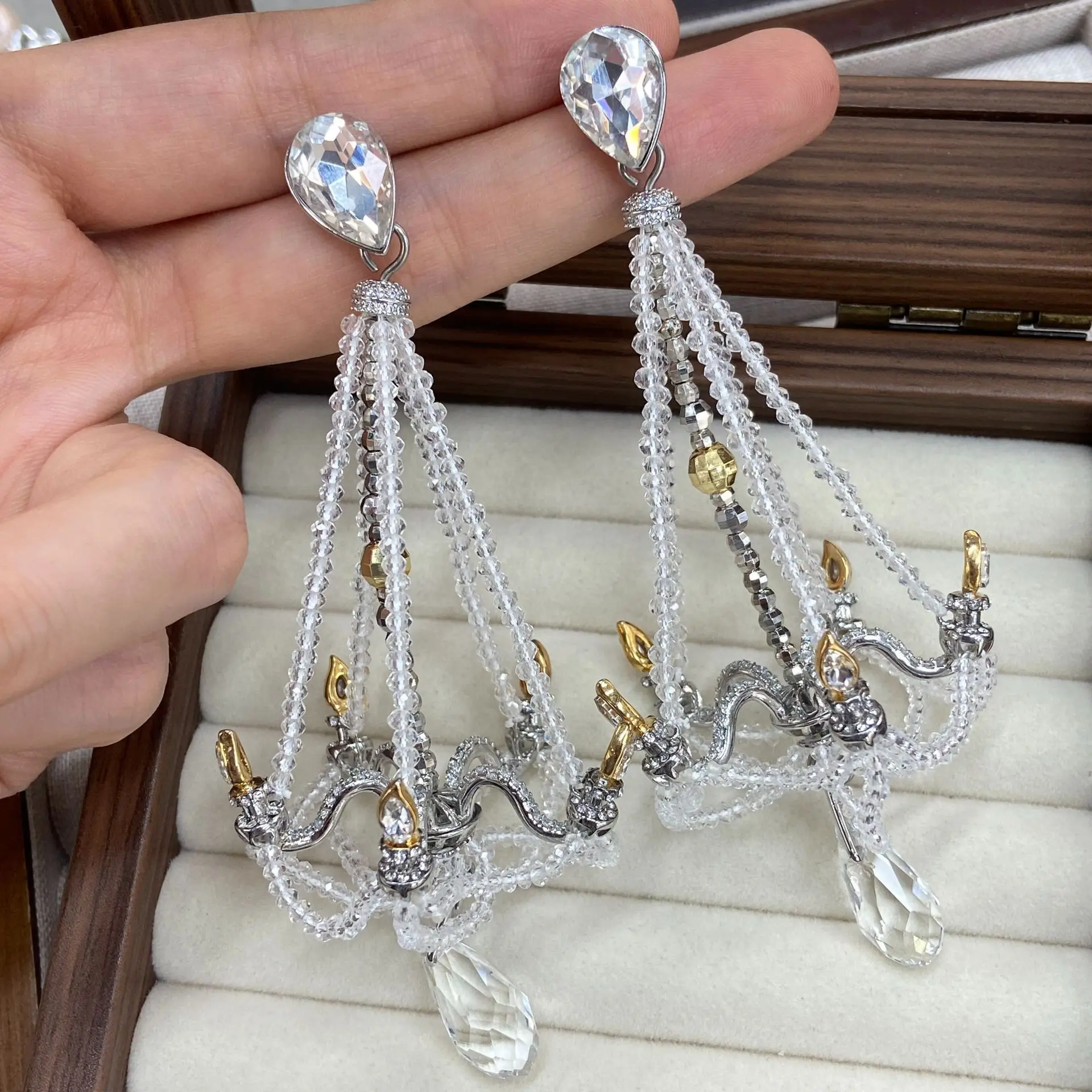 Light Luxury Water‑Drop Zircon Chandelier Earrings Handmade Beaded Tassel Long Dangle Earrings Bridal Wedding Dress Accessories