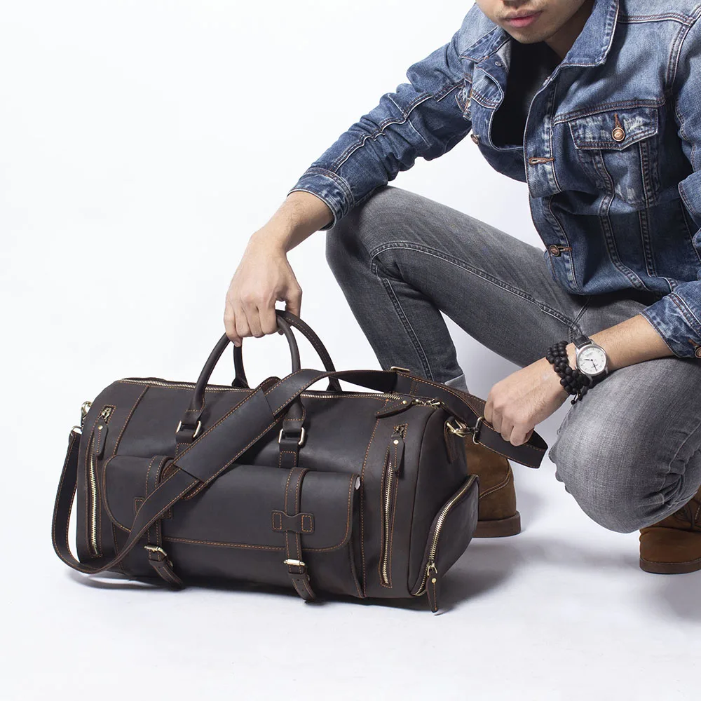 S.WORKER Echtleder-Reisetasche Klassische Vintage Vollnarbenleder-Reisetasche Wochenendtasche Sporttasche Handtasche – Detail 4