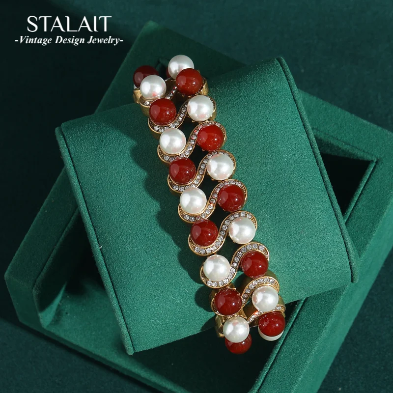 

Vintage Beaded Pearl Bracelets For Women Red Glass Rhinestones Wide Bangle Elastic Ladies Wedding Handmade Antique Jewelry 2025