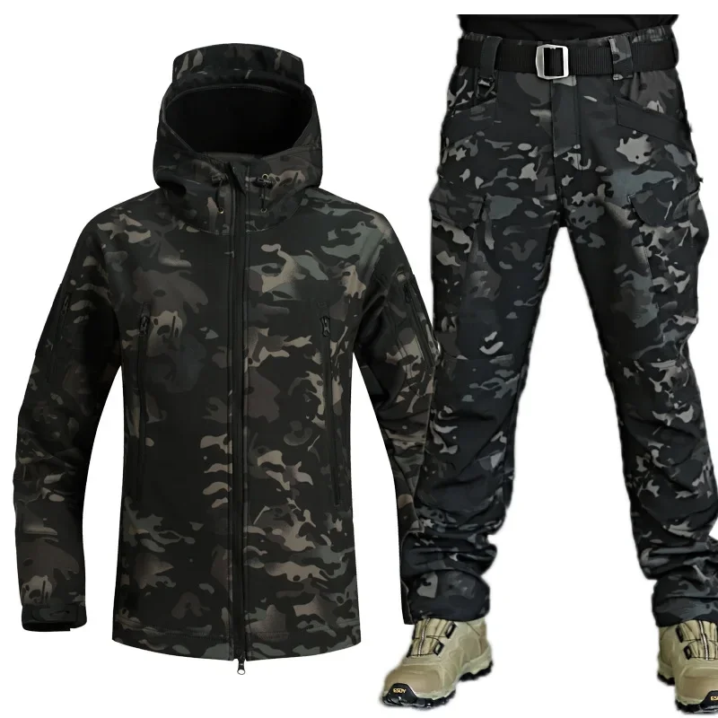 

2024 RU Camo Tactical Sets Men Winter Shark Skin Soft Shell Jackets+Multi-pocket Cargo Pants 2 Pcs Suits Waterproof Fleece Set