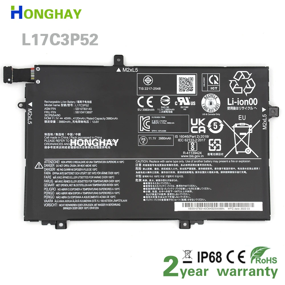 HONGHAY L17C3P52  Battery for Lenovo ThinkPad  L480 L580 L17M3P53 L17M3P54 SB10K97611 SB10K97612 01AV464 01AV465 01AV466