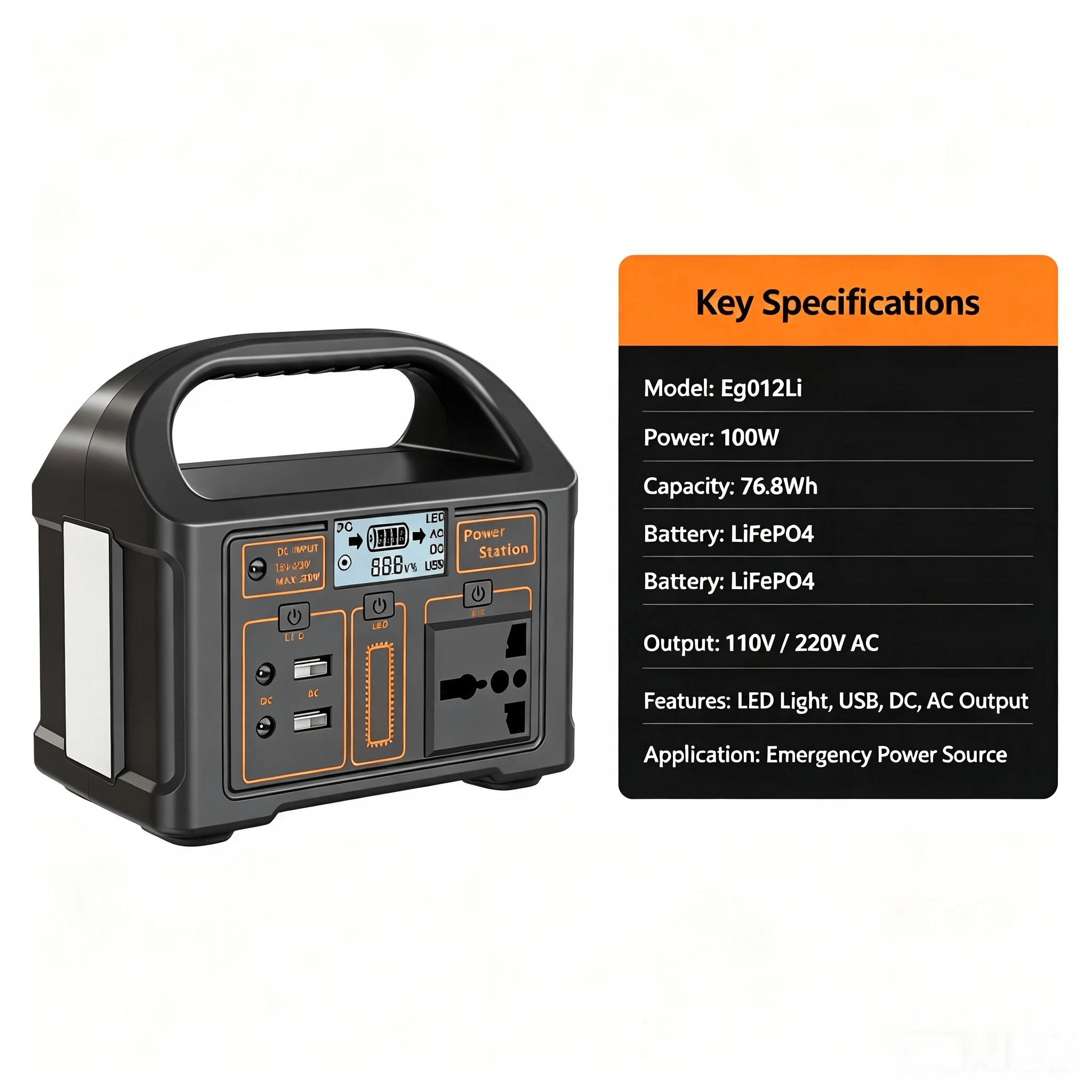 Eg012Li LiFePO4 Portable Power Station 100W,76.8Wh Capacity,110 220V AC Socket Small Emergency Power Source