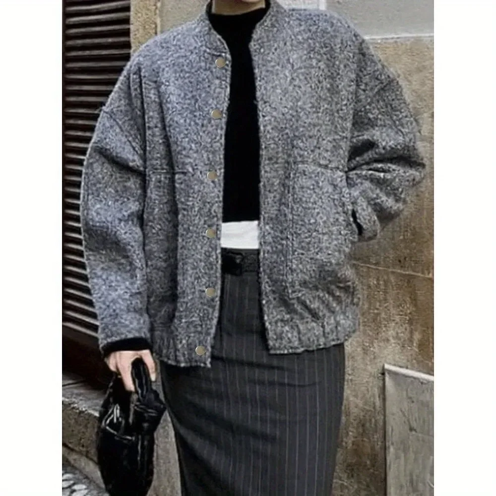 

Women's Stand Collar Wool Blend Jacket: Short Cropped Blazer with Dual Pockets & Autumn Winter Office Commute & Casual Outwear