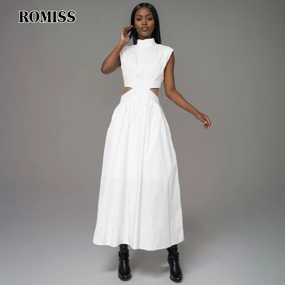 ROMISS vestido recortado liso para mujer, cuello levantado, sin mangas, cintura alta, minimalista, Midi, ropa femenina, moda, nuevo