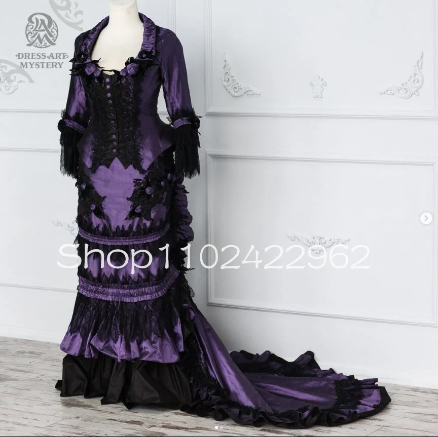 Black Purple Victorian Wedding Dresses with Long Sleeve Lace Applique Rose Flower Bustle Corset Historical Bridal Gowns Plus