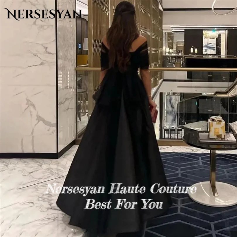 Nersesyan Elegant Black Satin Prom Gowns Backless Off The Shoulder A Line Formal Evening Dresses Draped Long Special Party Gown