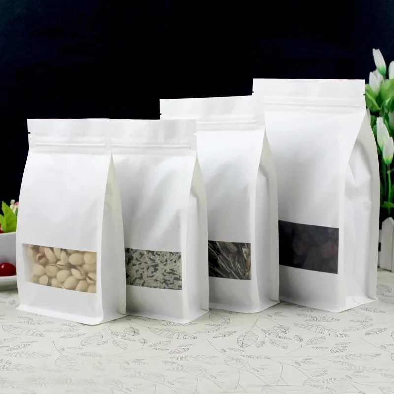 Bolsa de embalaje con cierre de cremallera, ventana de papel blanco 3D, bolsas de almacenamiento resellables para aperitivos, galletas, té, café, especias, azúcar y nueces