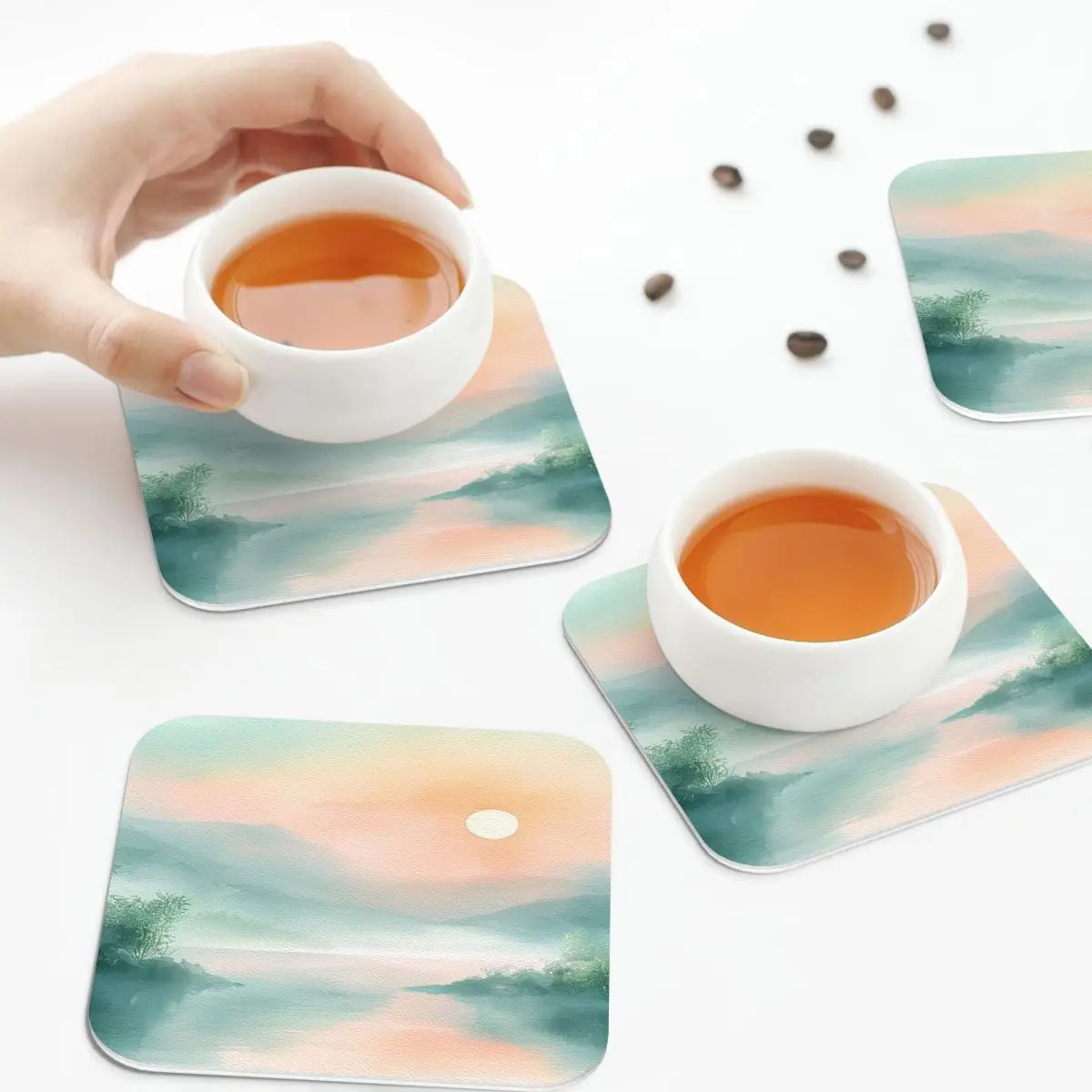 

Serene Eastern Mountains Tranquil Lakeside Sanset Coasters Leather Placemats Insulation Coffee Mats Kitchen Dining Pads Set of 4
