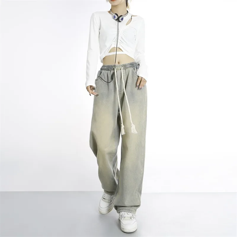 Casual Denim Sweatpants Y2k Retro Elastic Low Waisted Baggy Sweatpants Ruched Joggers Women Fashion Trousers