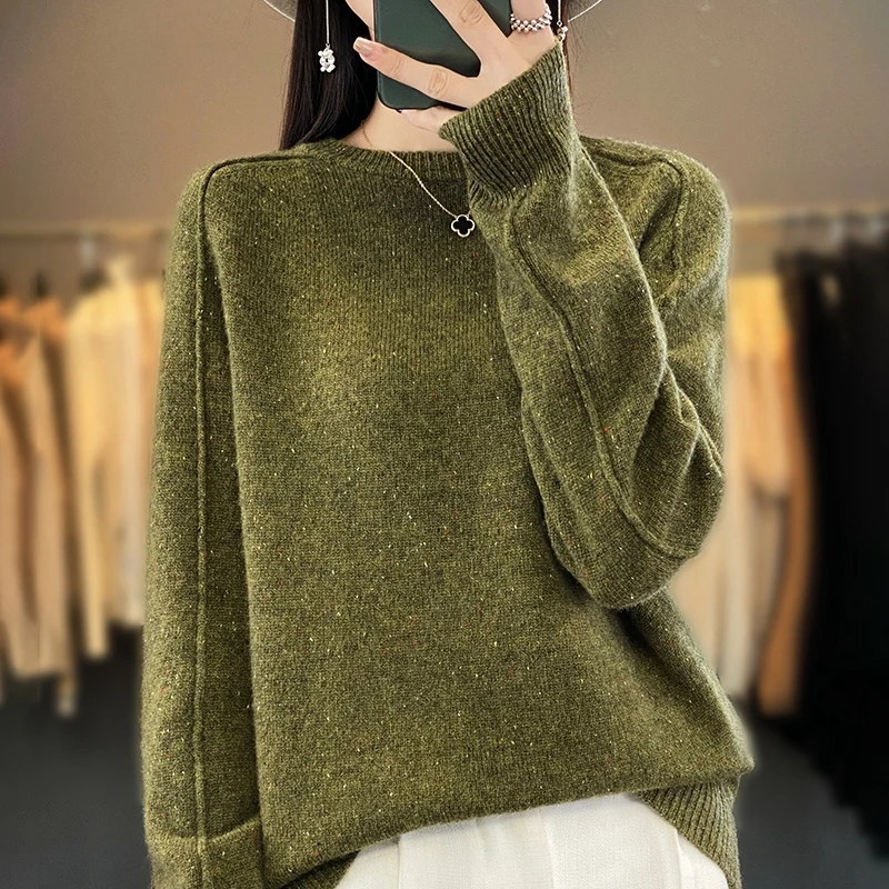 Fashionable All-Match Women's round Neck NEPs Yarn Sweater 100% Pure Wool Loose and Warm Sweater Autumn and Winter New Pullover