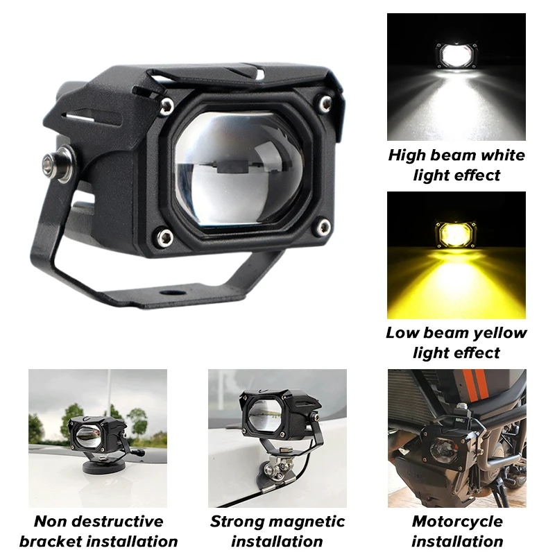 2pcs Motorcycle LED Spotlight Super Bright Dual Color Headlight Hi/Low Beam Fog Lamps Waterproof Car Mini Lens Driving Light