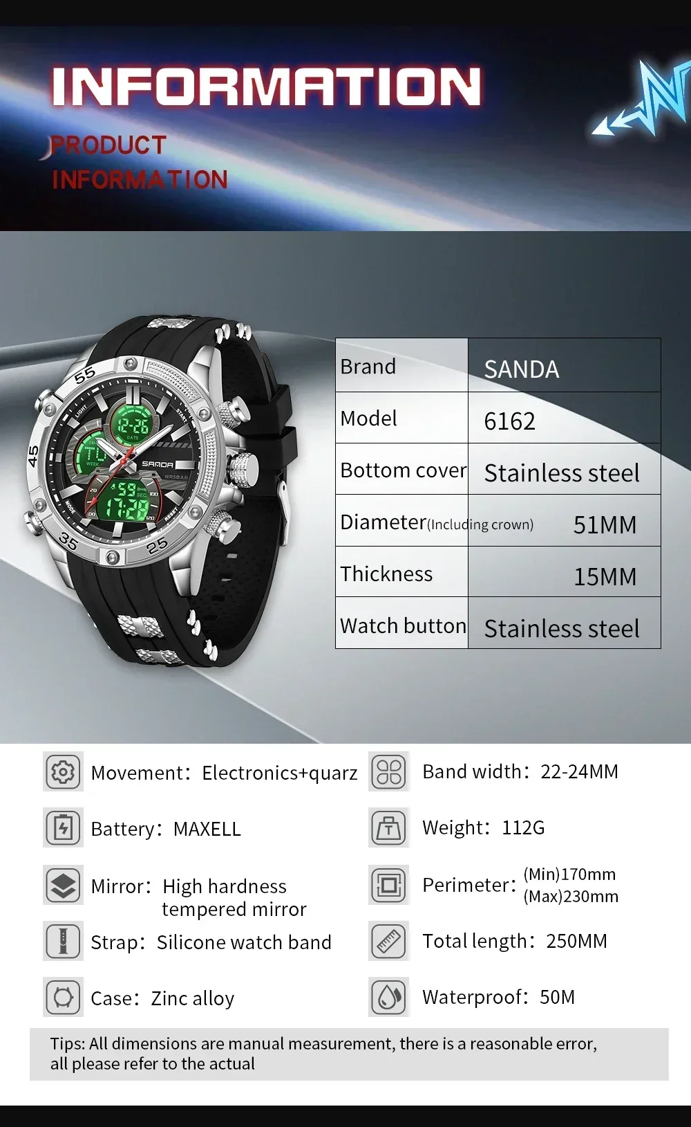 Sanda 2025 New Dual Screen Men's Digital Watch Nightlight Waterproof Multifunctional Popular Men's Alarm Clock Wristwatch