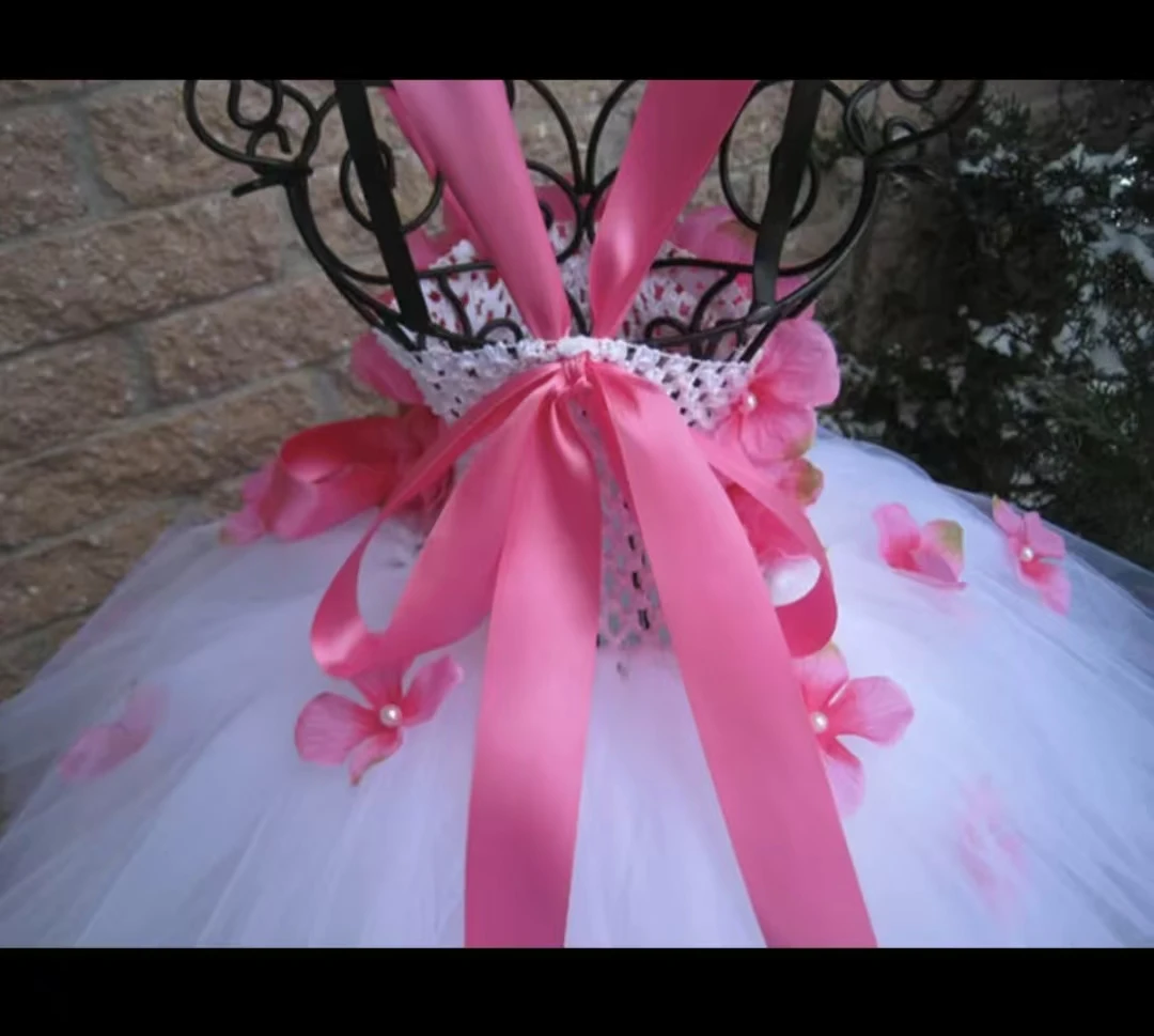 Girls White Tutu Dress Kids Tulle Dress with Red Petals Flower and Ribbon Bow Children Birthday Bridal Wedding Costume Dresses - view 4