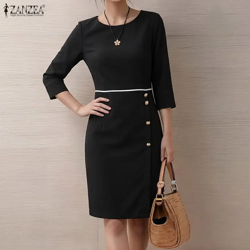 Office Elegant Knee-Length Dress Casual Loose Round Neck Vestidos ZANZEA 2026 3/4 Sleeve Patchwork Sundress Collect Waist Robe