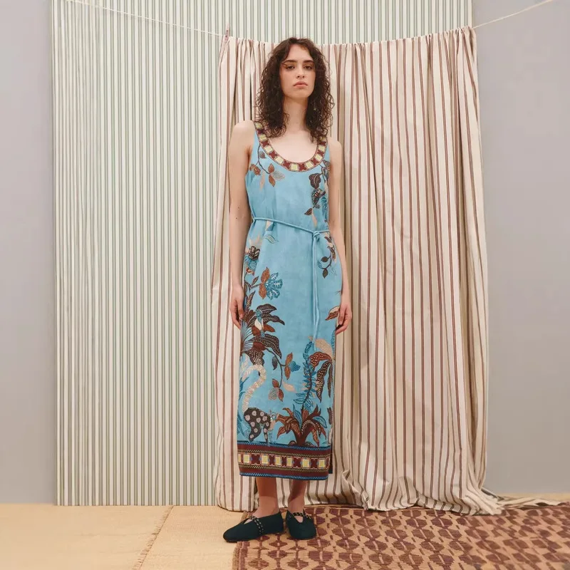 Robe longue décontractée d'été pour femme 2026, 100 % lin, imprimé jungle bleu, bretelles spaghetti, style bohème, pour vacances et plage