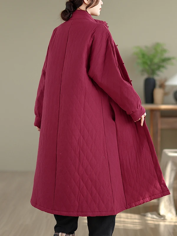 Authentic New Chinese Style Long Cotton Jacket Women's Winter Loose Fit Button up Cotton Linen Blend Thickened Long Sleeve
