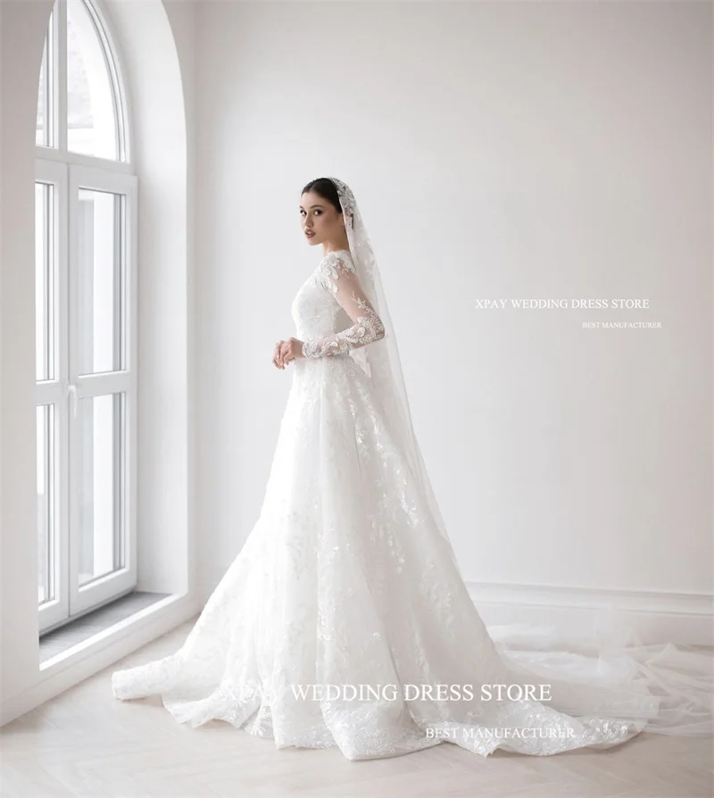 XPAY Exquisite A Line Lace Wedding Dresses Long Sleeves O-Neck Dubai Arabic Bridal Gowns 3 Meter Long Veil Korea Wedding Gowns