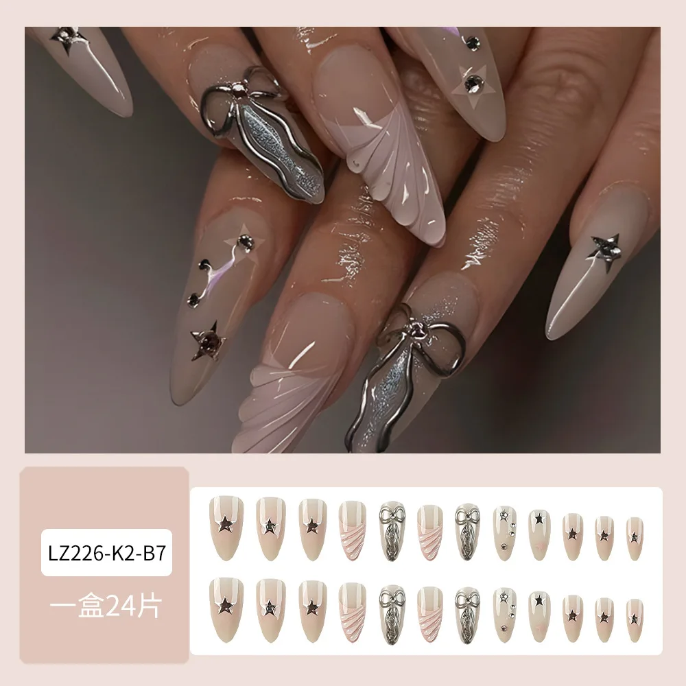 24szt Pink French Fake Nail Patches 3D Butterfly Y2k Mirror Powder Press on Nails for Women Wearable Korean Almond False Nails