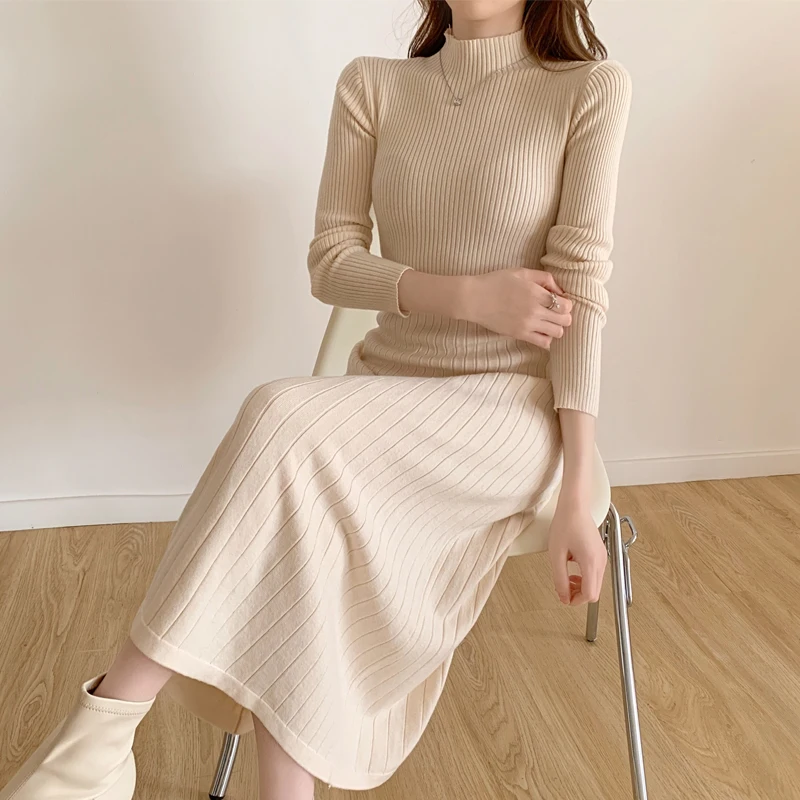 Autumn Winter 2024 Slim Long Sleeve Party Midi Dress for Women Knitted Half High Collar Elegant Knitted Sweater Dresses Ladies