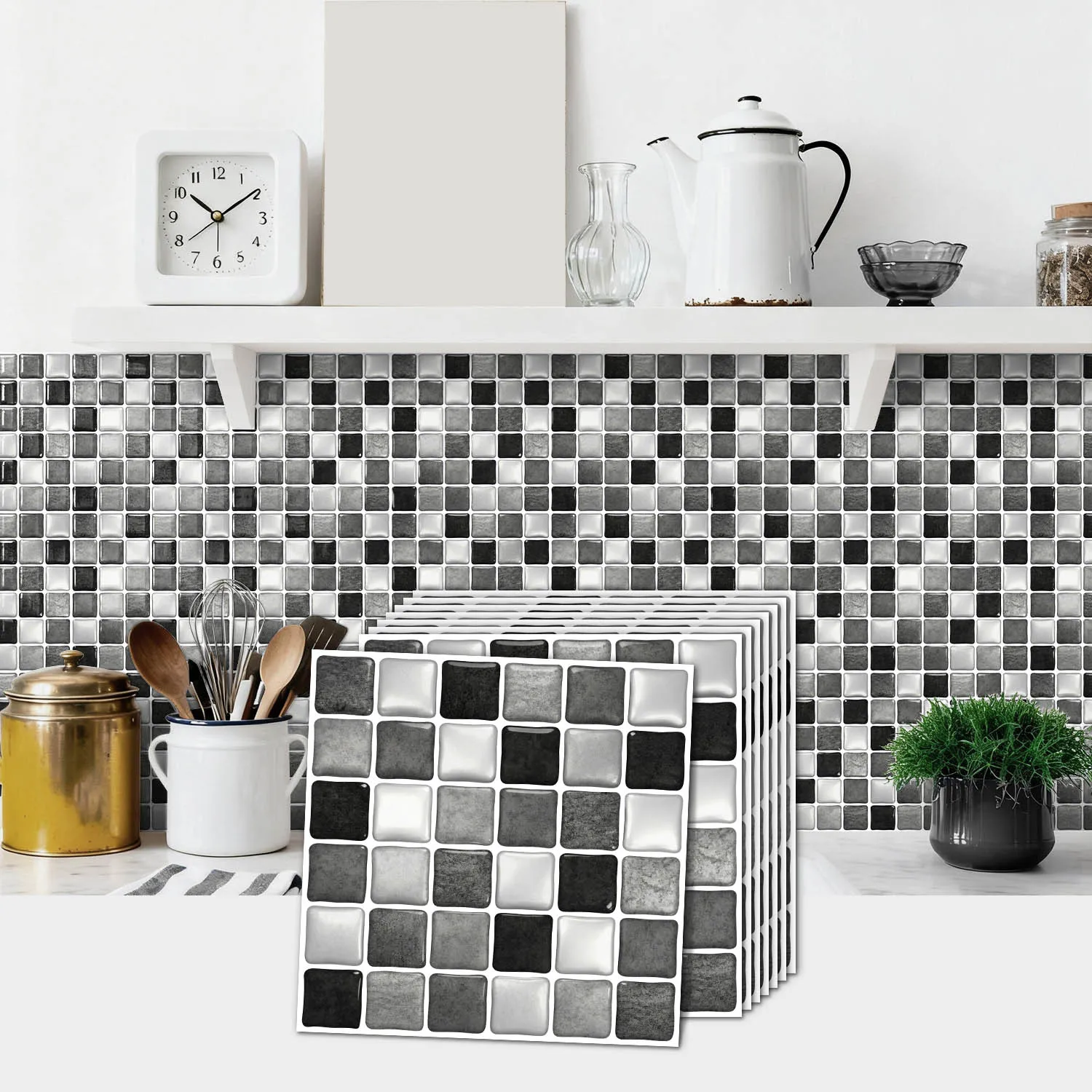 Peel and Stick Mosaic Tile Stickers - 3D Black Grey White Self-Adhesive Wall Decals for Home Decor