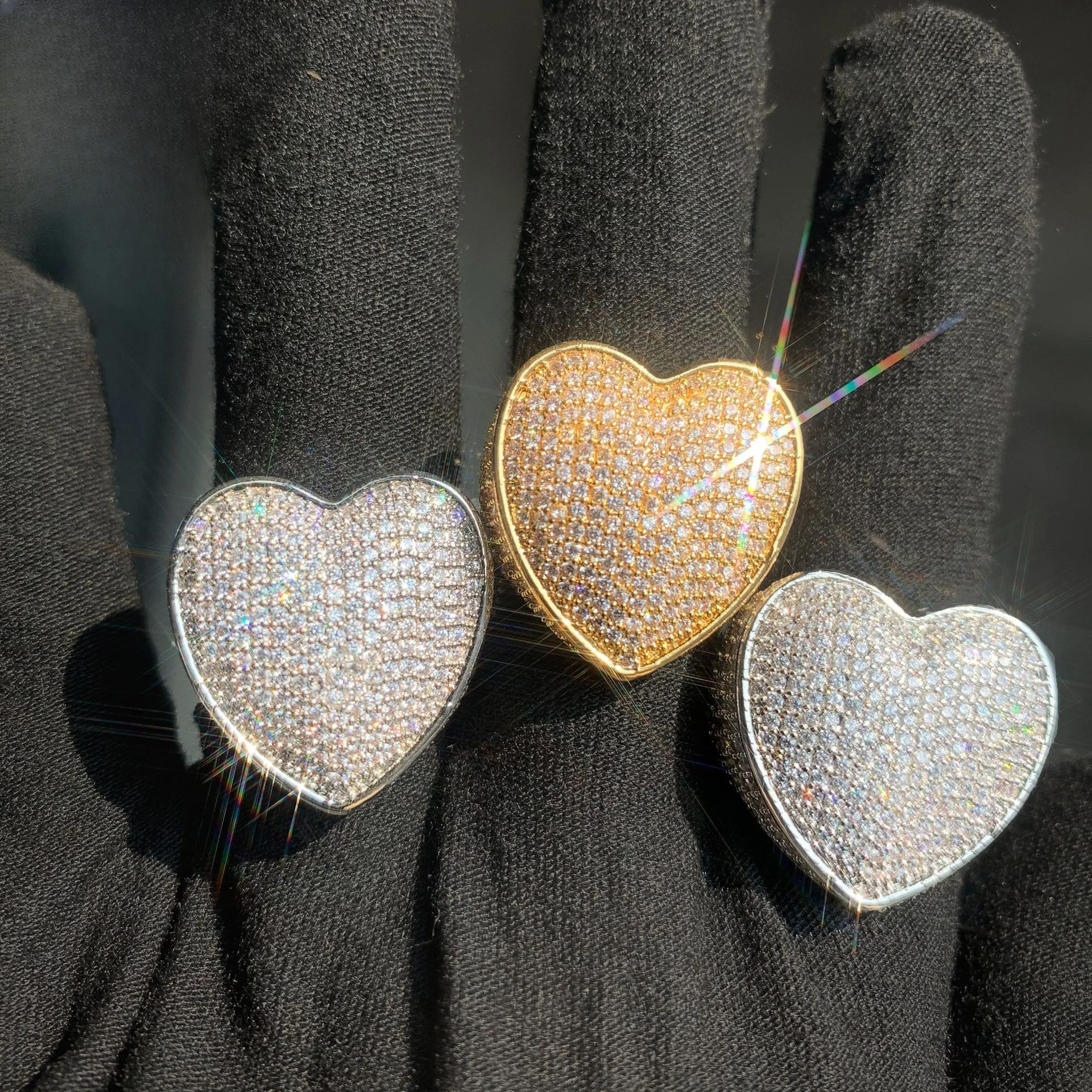 Gold Silver Plated Iced Out Puffy Heart Ring Full Paved CZ Chunky Love Heart Statement Ring Hip Hop Women Men Jewelry
